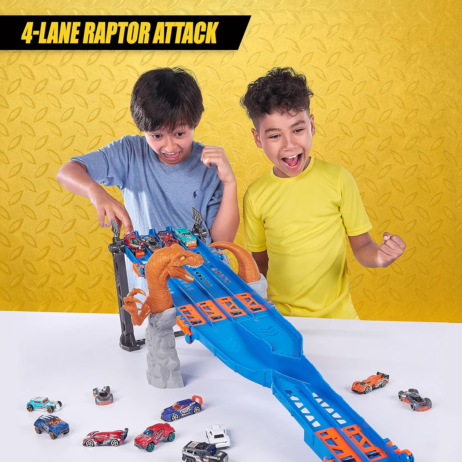 Zuru Metal Machines 4-Lane Raptor Attack Track Set with Hidden Ejectors and Exclusive Diecast Car, 1.2m/4ft Racing Track for Kids 4+ Years - MINIMEE KIDS