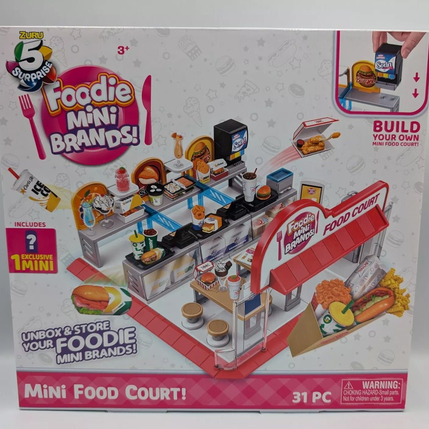 Zuru 5 Surprise Foodie Mini Brands Mini Food Court Playset - Includes Exclusive Mini, 31-Piece Set with Food Court Entrance, Dining Area & Food Accessories for Kids 3+ Years