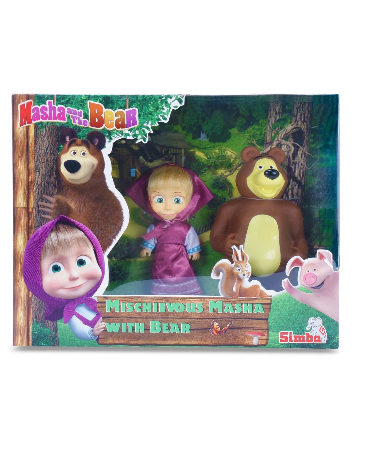 Toy set packaging featuring Masha and the Bear with Masha and a bear on a white background.