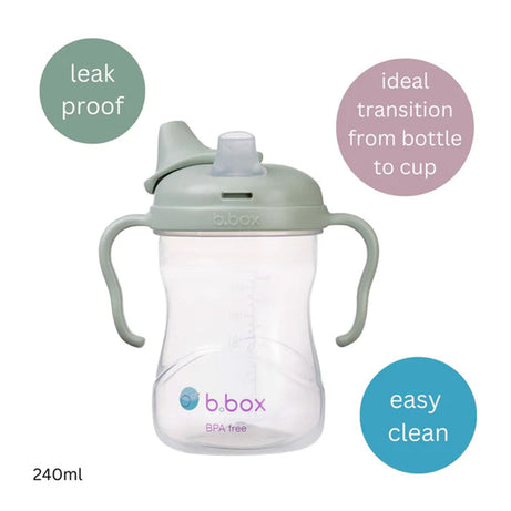b.box Soft Silicone Spout Cup for 4m+ | Sage Green | 240ml - Baby Transition Training Cup with Hygienic Built-In Lid & Easy-Grip Handles | Leak-Proof BPA-Free First Cup