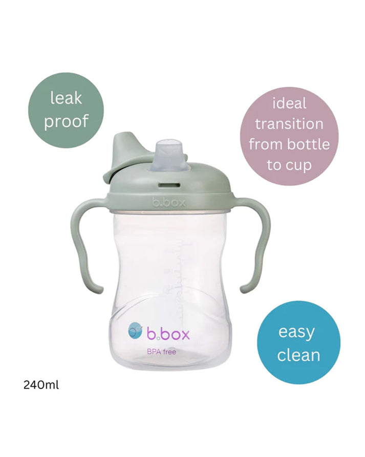 b.box Soft Silicone Spout Cup for 4m+ | Sage Green | 240ml - Baby Transition Training Cup with Hygienic Built-In Lid & Easy-Grip Handles | Leak-Proof BPA-Free First Cup