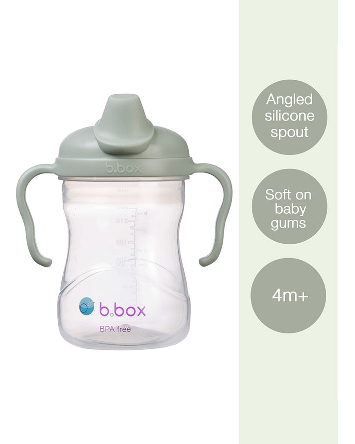 b.box Soft Silicone Spout Cup for 4m+ | Sage Green | 240ml - Baby Transition Training Cup with Hygienic Built-In Lid & Easy-Grip Handles | Leak-Proof BPA-Free First Cup