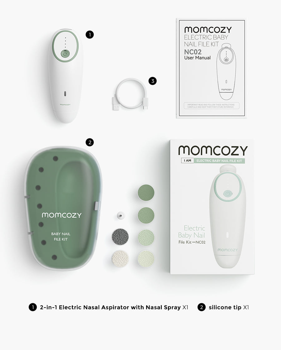 Momcozy Electric Baby Nail File Kit NC02 - Whisper Quiet Low Noise Trimmer with 360° Fog LED Light, 4 Adjustable Speeds, Rechargeable Battery, and Safe Grinding Pads for Gentle Baby Nail Care