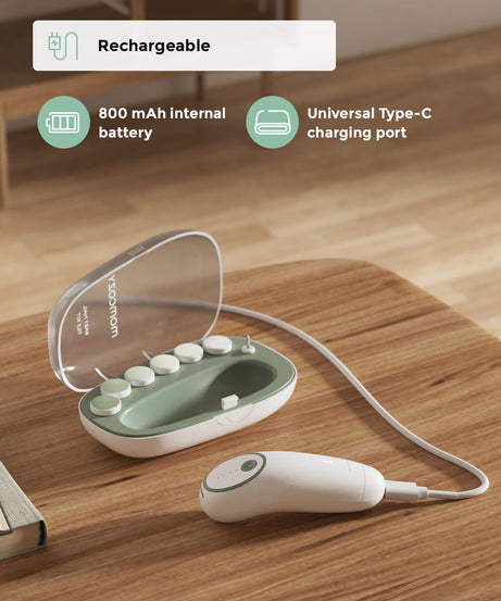 Momcozy Electric Baby Nail File Kit NC02 - Whisper Quiet Low Noise Trimmer with 360° Fog LED Light, 4 Adjustable Speeds, Rechargeable Battery, and Safe Grinding Pads for Gentle Baby Nail Care