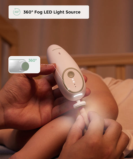 Momcozy Electric Baby Nail File Kit NC02 - Whisper Quiet Low Noise Trimmer with 360° Fog LED Light, 4 Adjustable Speeds, Rechargeable Battery, and Safe Grinding Pads for Gentle Baby Nail Care