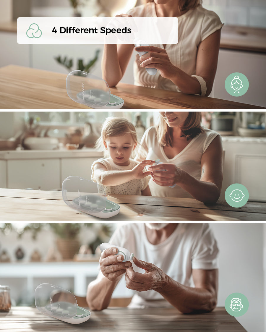 Momcozy Electric Baby Nail File Kit NC02 - Whisper Quiet Low Noise Trimmer with 360° Fog LED Light, 4 Adjustable Speeds, Rechargeable Battery, and Safe Grinding Pads for Gentle Baby Nail Care