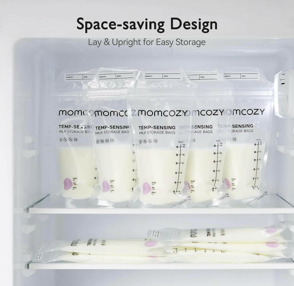 Momcozy Temp-Sensing Breast Milk Storage Bags - Leakproof, BPA-Free, Presterilized Double Zipper Seal Bags for Freezer & Safe Breastmilk Storage - 50pcs | 180ml