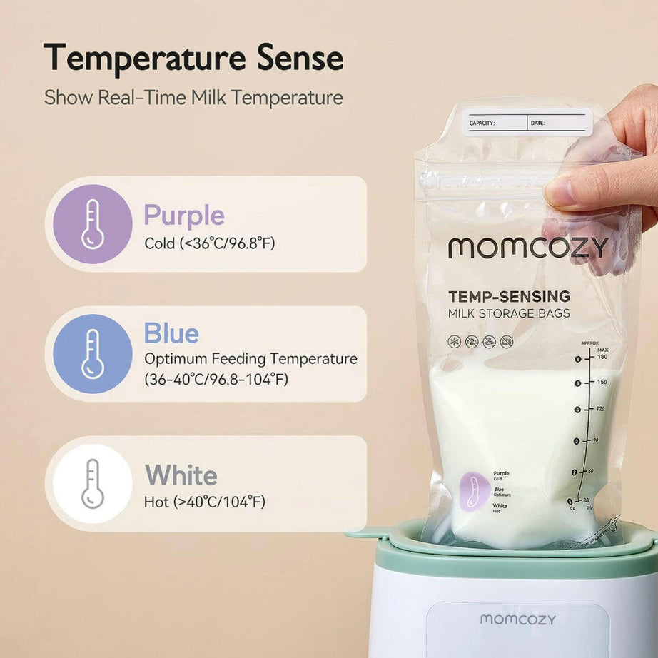 Momcozy Temp-Sensing Breast Milk Storage Bags - Leakproof, BPA-Free, Presterilized Double Zipper Seal Bags for Freezer & Safe Breastmilk Storage - 50pcs | 180ml