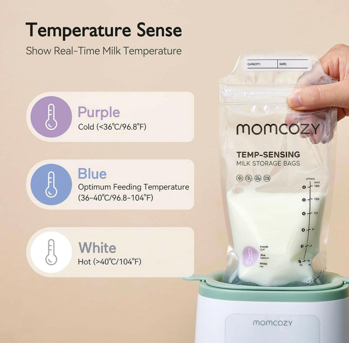 Momcozy Temp-Sensing Breast Milk Storage Bags - Leakproof, BPA-Free, Presterilized Double Zipper Seal Bags for Freezer & Safe Breastmilk Storage - 50pcs | 180ml
