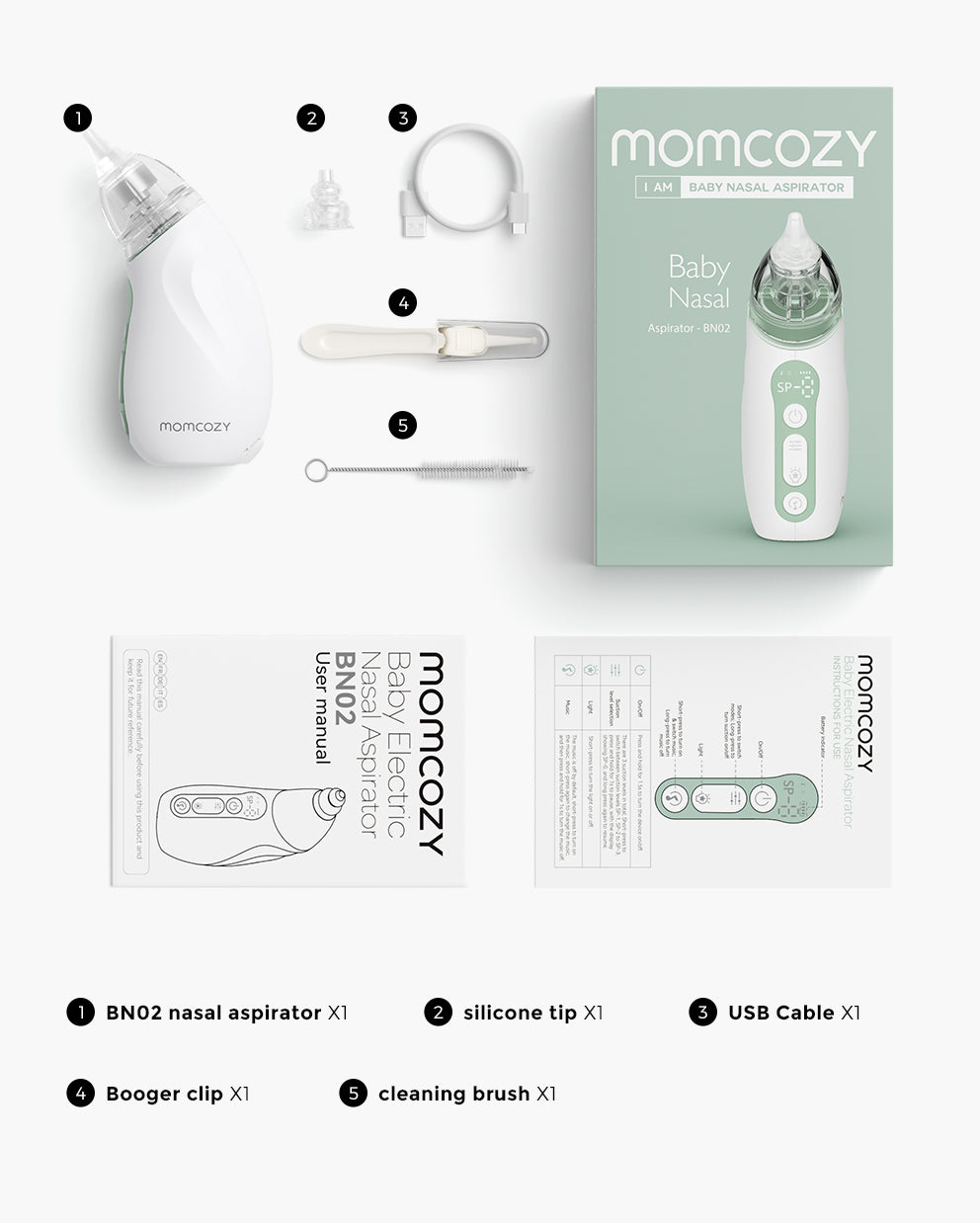 Momcozy I am Baby Nasal Aspirator BN02 with 65 Kpa Strong Suction, Self-Cleaning Function, Soothing Lullabies, Tricolor Light & BPA-Free Design for Gentle Baby Nose Care