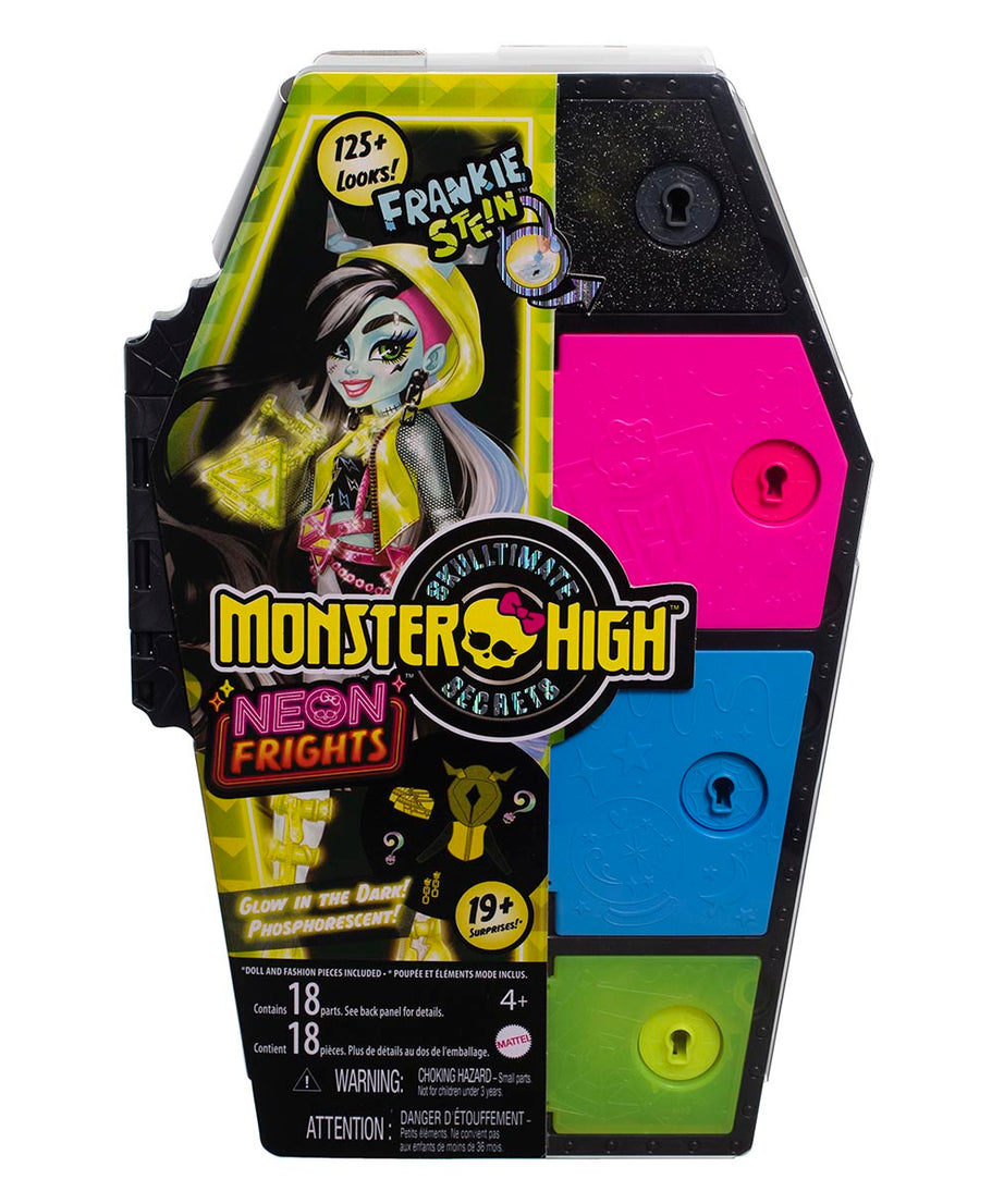 Monster High Skulltimate Secrets: Neon Frights Frankie Stein Doll Set | 125+ Looks, Glow-in-the-Dark Accessories & 19+ Surprises | Coffin Locker Storage for Kids Age 4+ - MINIMEE KIDS