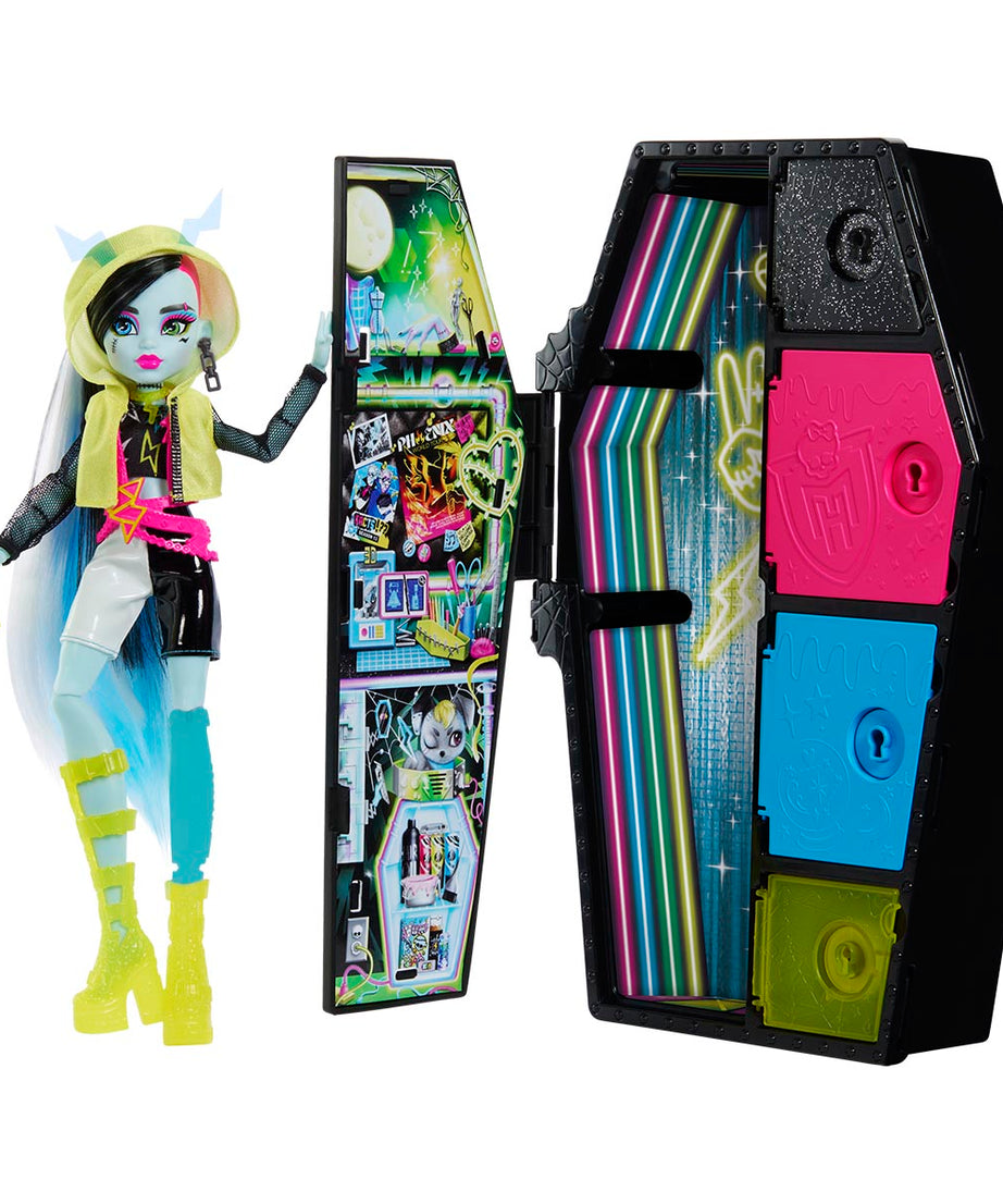 Monster High Skulltimate Secrets: Neon Frights Frankie Stein Doll Set | 125+ Looks, Glow-in-the-Dark Accessories & 19+ Surprises | Coffin Locker Storage for Kids Age 4+ - MINIMEE KIDS