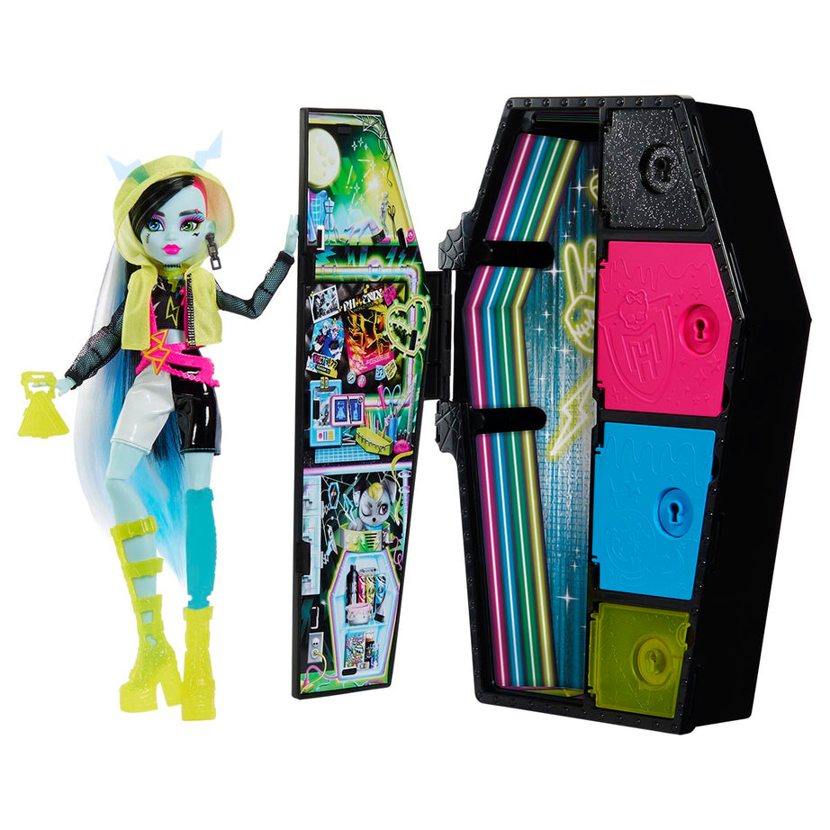 Monster High Skulltimate Secrets: Neon Frights Frankie Stein Doll Set | 125+ Looks, Glow-in-the-Dark Accessories & 19+ Surprises | Coffin Locker Storage for Kids Age 4+