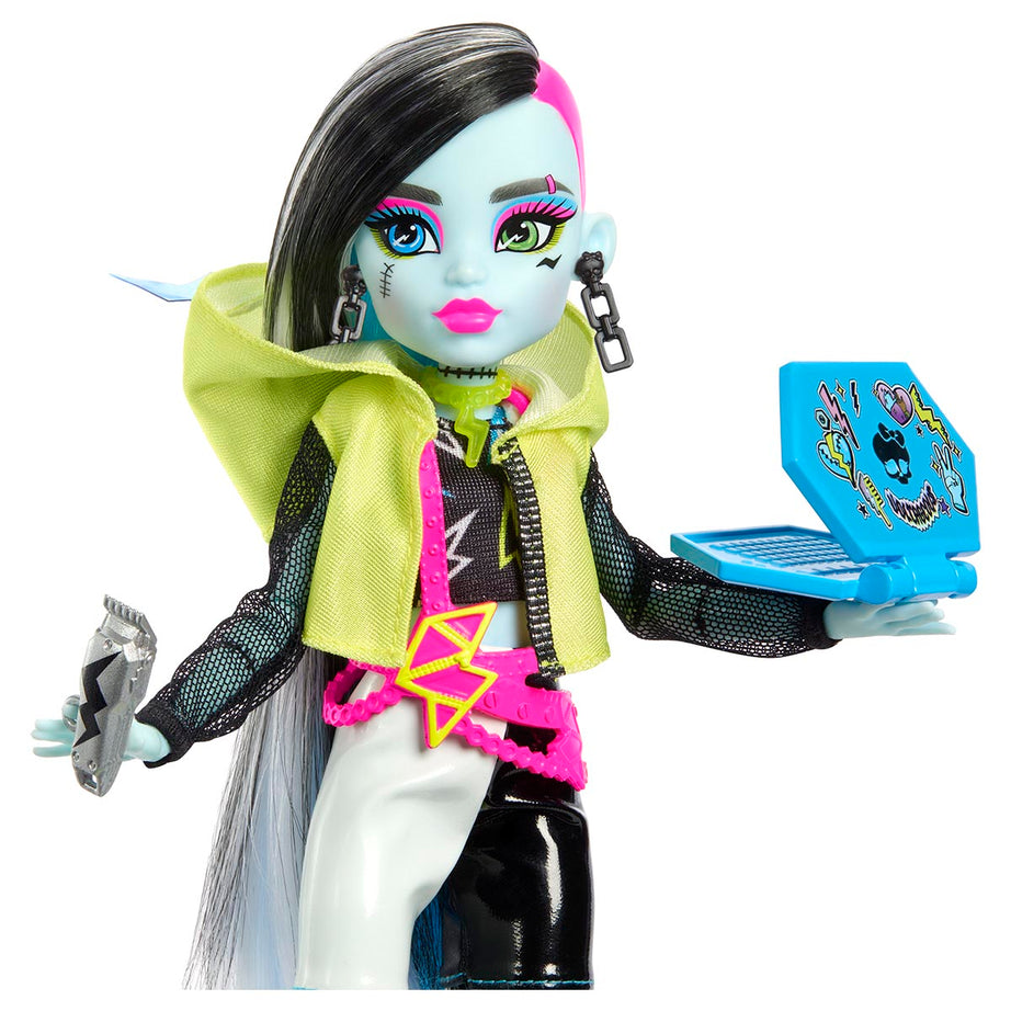 Monster High Skulltimate Secrets: Neon Frights Frankie Stein Doll Set | 125+ Looks, Glow-in-the-Dark Accessories & 19+ Surprises | Coffin Locker Storage for Kids Age 4+