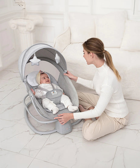 Mastela Baby Deluxe 4-in-1 Smart Swing & Rocker | Bluetooth & App Controlled Automatic Cradle | Birth to 36 Months (15kg) | 5 Swing Angles, Detachable Tray & Mosquito Net - MINIMEE KIDS