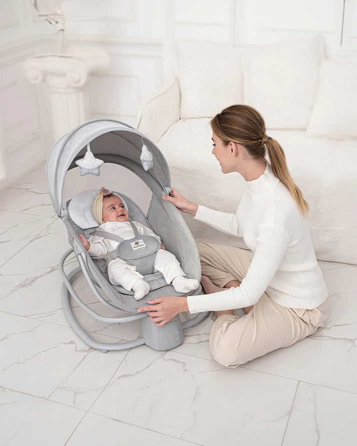 Mastela Baby Deluxe 4-in-1 Smart Swing & Rocker | Bluetooth & App Controlled Automatic Cradle | Birth to 36 Months (15kg) | 5 Swing Angles, Detachable Tray & Mosquito Net - MINIMEE KIDS