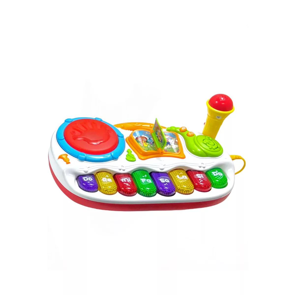 Colorful toy keyboard with microphone on a white background