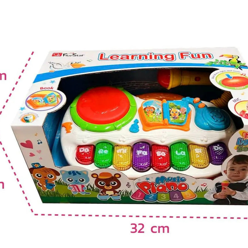 Toy piano with colorful keys and a child playing, branded 'Enfantasy', on a white background with dimensions indicated.