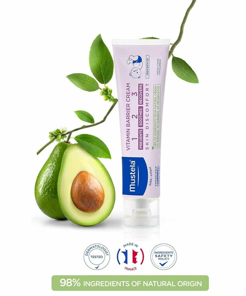 Mustela 1 2 3 Vitamin Barrier Cream – Diaper Rash Cream with Zinc Oxide & Avocado Perseose® for Baby Skin Protection, Soothing & Repairing Care | 100ml - MINIMEE KIDS