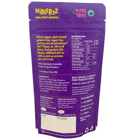Niblerzz Real Fruit Gummies - Mixed Fruit Plant-Based No Added Sugar - 30g