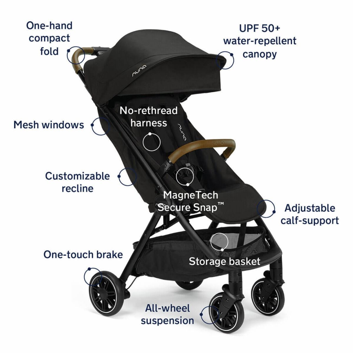 Nuna TRVL Lightweight Baby Stroller - One-Hand Self-Collapsing Fold, Compact Size Pram for 0M+ (Up to 22kg) - Caviar | Stylish and Convenient Stroller for Infants and Toddlers