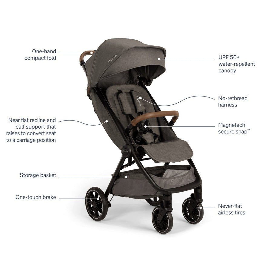 Nuna TRVL Compact Stroller in Granite – Ultra-Lightweight, Easy-Fold, and Stylish Stroller for Infants and Toddlers with One-Hand Recline, UPF 50+ Canopy, and Progressive Suspension for a Smooth Ride - MINIMEE KIDS