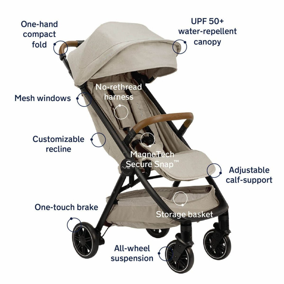 Nuna TRVL Compact Stroller in Hazelwood – Ultra-Lightweight, Easy-Fold, and Stylish Stroller for Infants and Toddlers with One-Hand Recline, UPF 50+ Canopy, and Progressive Suspension for a Smooth Ride