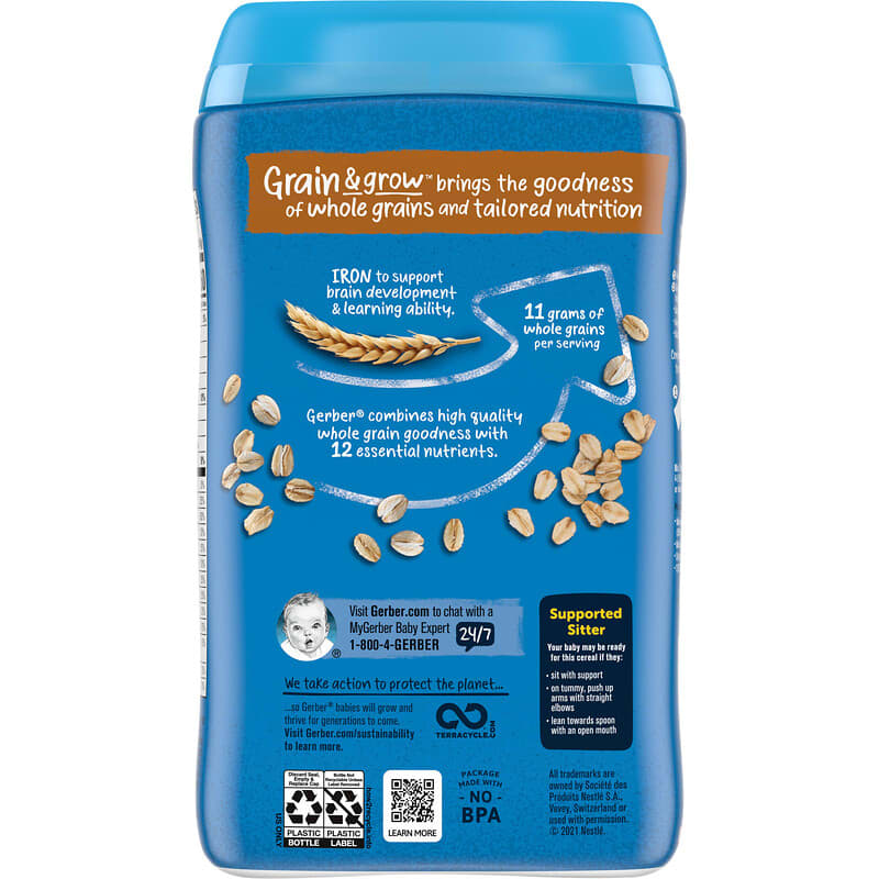 Gerber Cereal for Baby Grain & Grow Oatmeal | 1st Foods for Supported Sitters | Non-GMO Infant Cereal with Essential Nutrients for Brain & Learning Development | 454g
