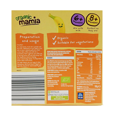 Organic Mamia Banana Rusk Biscotti Fingers for 6+ & 8+ Months Babies - 100g | Organic Teething Snack with Natural Banana Flavor | No Added Sugar or Salt
