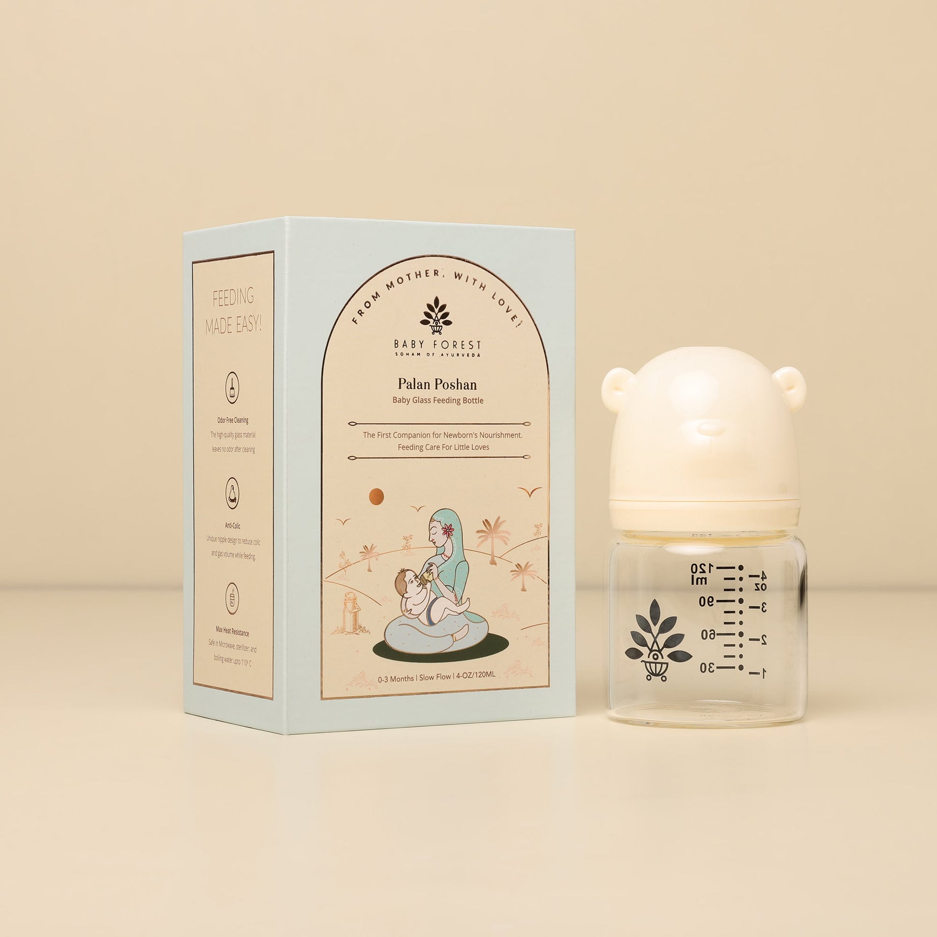 Baby Forest Palan Poshan Baby Glass Feeding Bottle – 120ml Newborn Anti-Colic Borosilicate Glass Bottle with BPA-Free Silicone Nipple