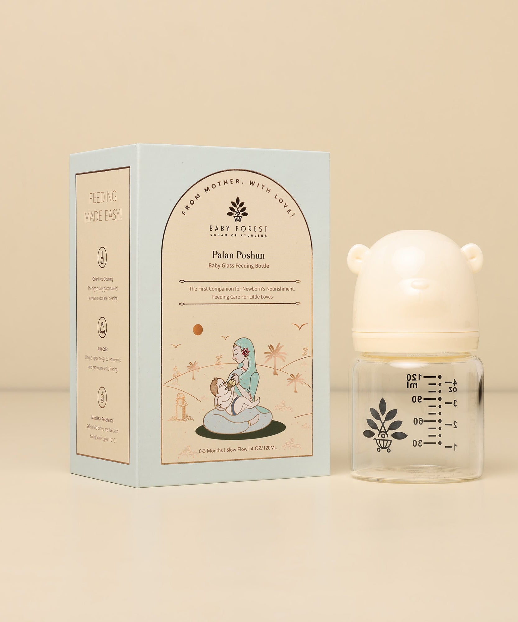 Baby Forest Palan Poshan Baby Glass Feeding Bottle – 120ml Newborn Anti-Colic Borosilicate Glass Bottle with BPA-Free Silicone Nipple