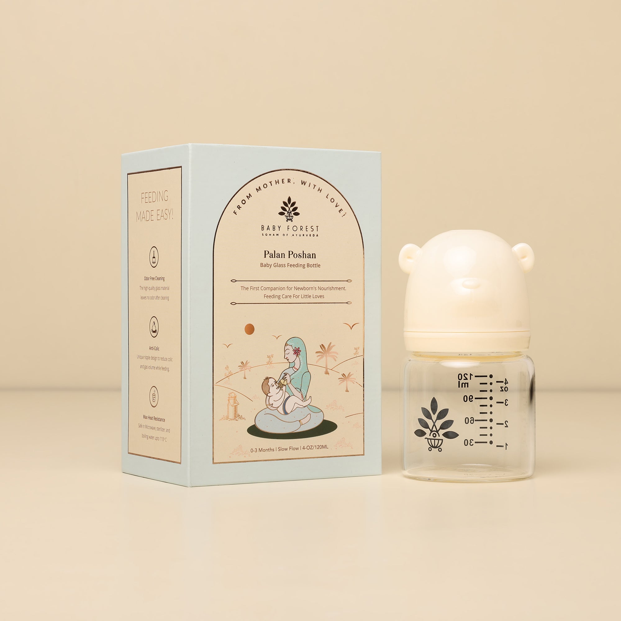 Baby Forest Palan Poshan Baby Glass Feeding Bottle – 120ml Newborn Anti-Colic Borosilicate Glass Bottle with BPA-Free Silicone Nipple