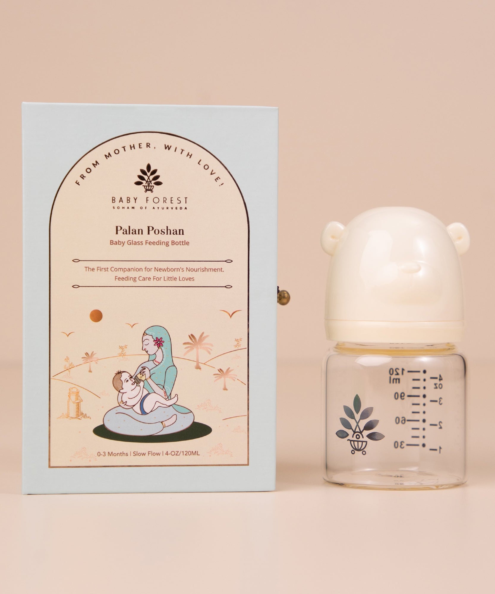 Baby Forest Palan Poshan Baby Glass Feeding Bottle – 120ml Newborn Anti-Colic Borosilicate Glass Bottle with BPA-Free Silicone Nipple