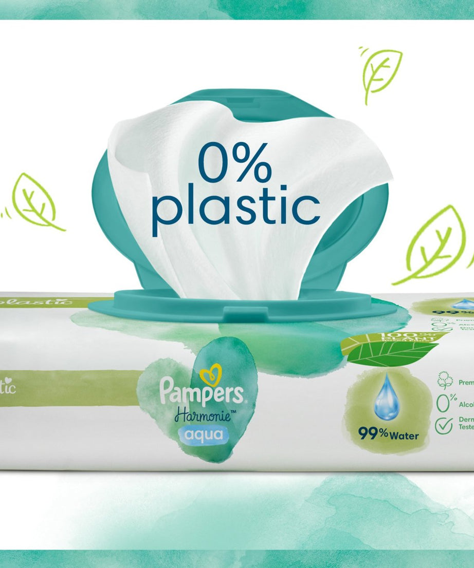 Pampers Harmonie Aqua Baby Wipes - Plastic-Free, Dermatologically Tested & Made with 99% Pure Water and Cotton | Gentle & Safe for Newborn Skin | 48 Wipes Per Pack
