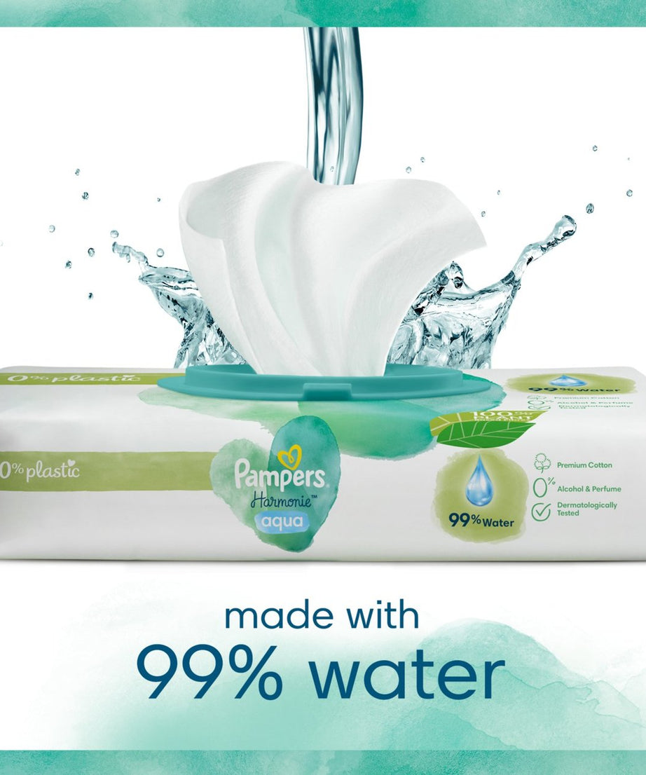 Pampers Harmonie Aqua Baby Wipes - Plastic-Free, Dermatologically Tested & Made with 99% Pure Water and Cotton | Gentle & Safe for Newborn Skin | 48 Wipes Per Pack