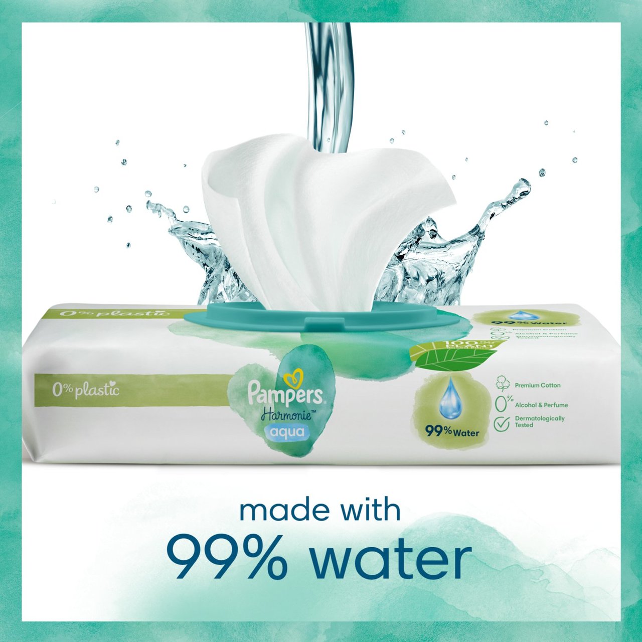 Pampers Harmonie Aqua Baby Wipes - Plastic-Free, Dermatologically Tested & Made with 99% Pure Water and Cotton | Gentle & Safe for Newborn Skin | 48 Wipes Per Pack