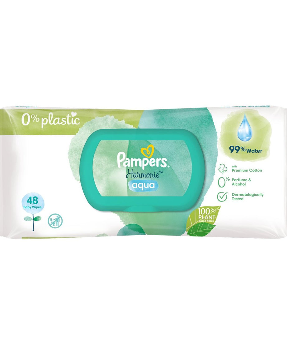 Pampers Harmonie Aqua Baby Wipes - Plastic-Free, Dermatologically Tested & Made with 99% Pure Water and Cotton | Gentle & Safe for Newborn Skin | 48 Wipes Per Pack