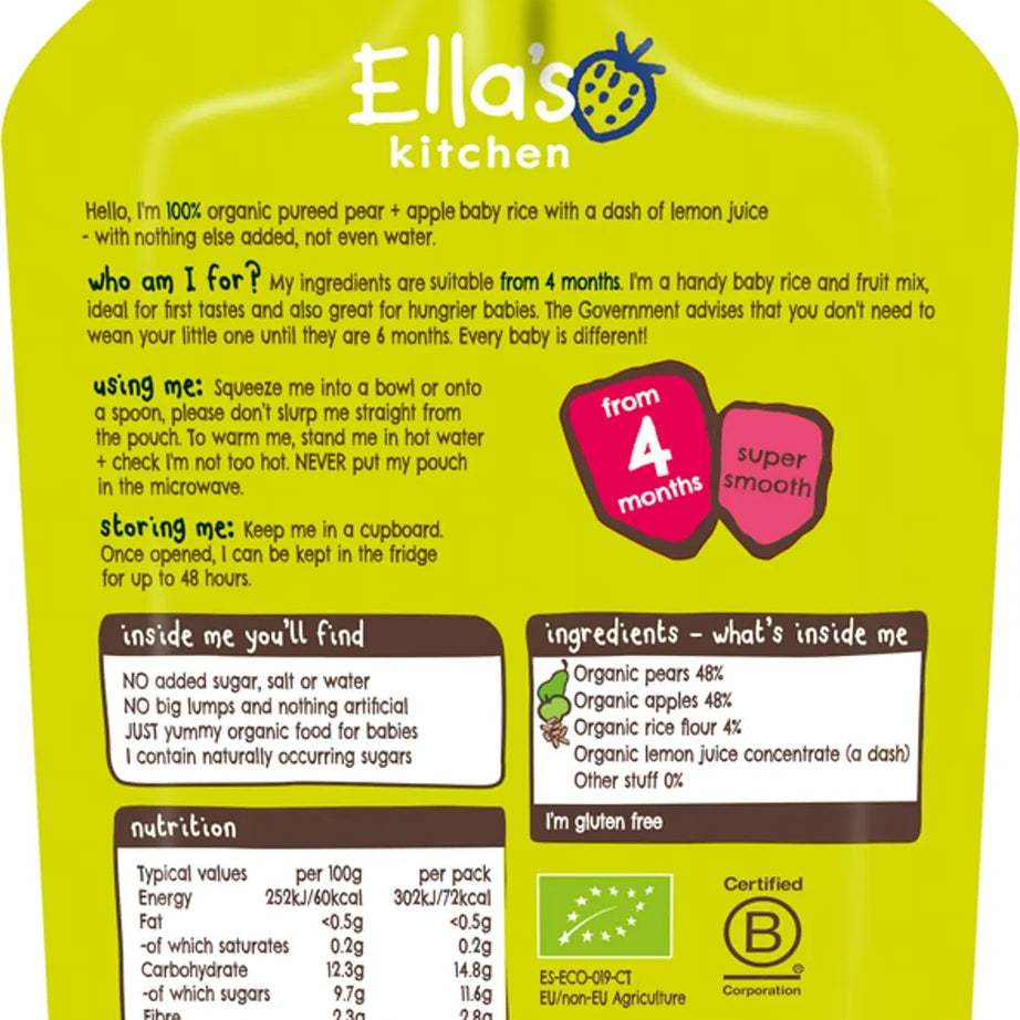 Ella's Kitchen Pear & Apple Baby Rice – Organic Super Smooth Baby Rice Puree for 4+ Months – 120g Pouch – No Added Sugar, Salt, or Water – Naturally Sweet & Gluten-Free