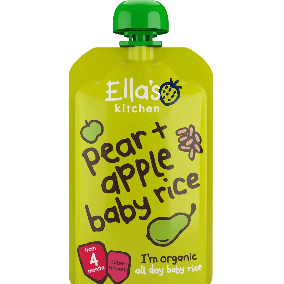 Ella's Kitchen Pear & Apple Baby Rice – Organic Super Smooth Baby Rice Puree for 4+ Months – 120g Pouch – No Added Sugar, Salt, or Water – Naturally Sweet & Gluten-Free
