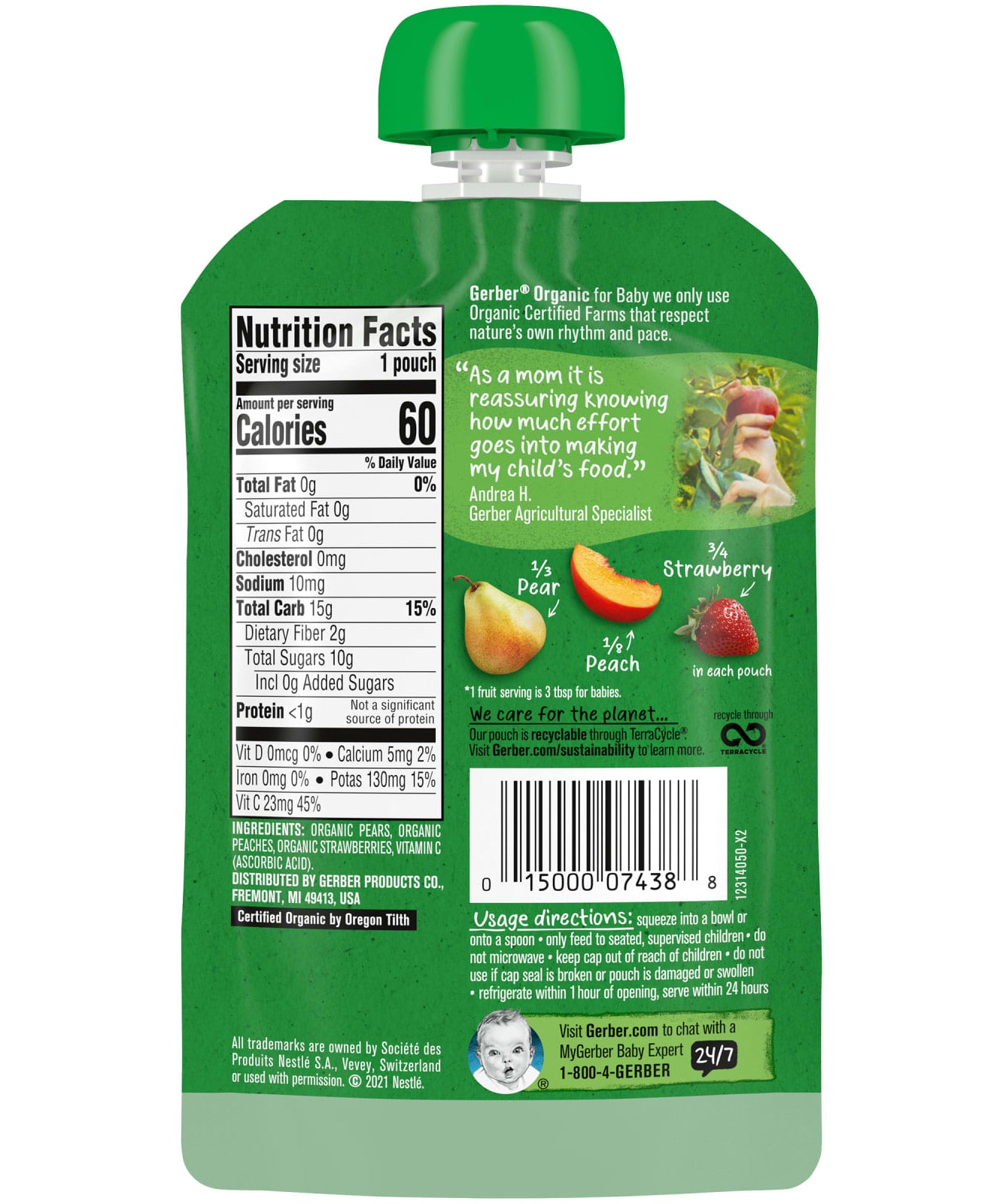 Gerber Organic for Baby Sitter 2nd Foods | Pear Peach Strawberry | 3.5 oz (99 g) | USDA Organic Baby Fruit Puree Pouch for Sitter Stage | No Added Sugar | Non-GMO | BPA-Free Packaging