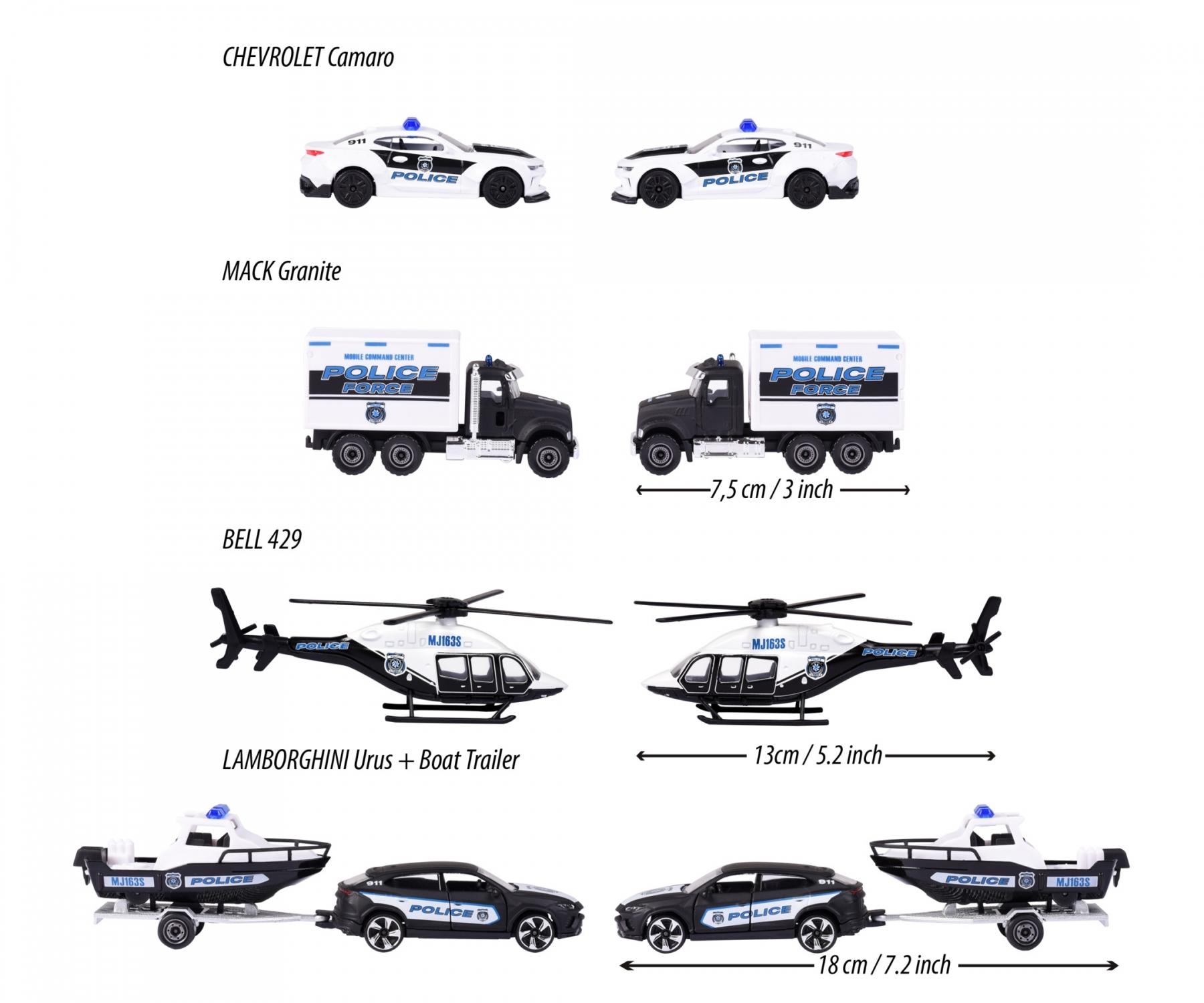 Majorette Police Force 4-Piece Die-Cast Vehicle Gift Set – Police Car, Truck, Helicopter & Boat Trailer – Realistic Emergency Vehicles for Kids 3+ Years