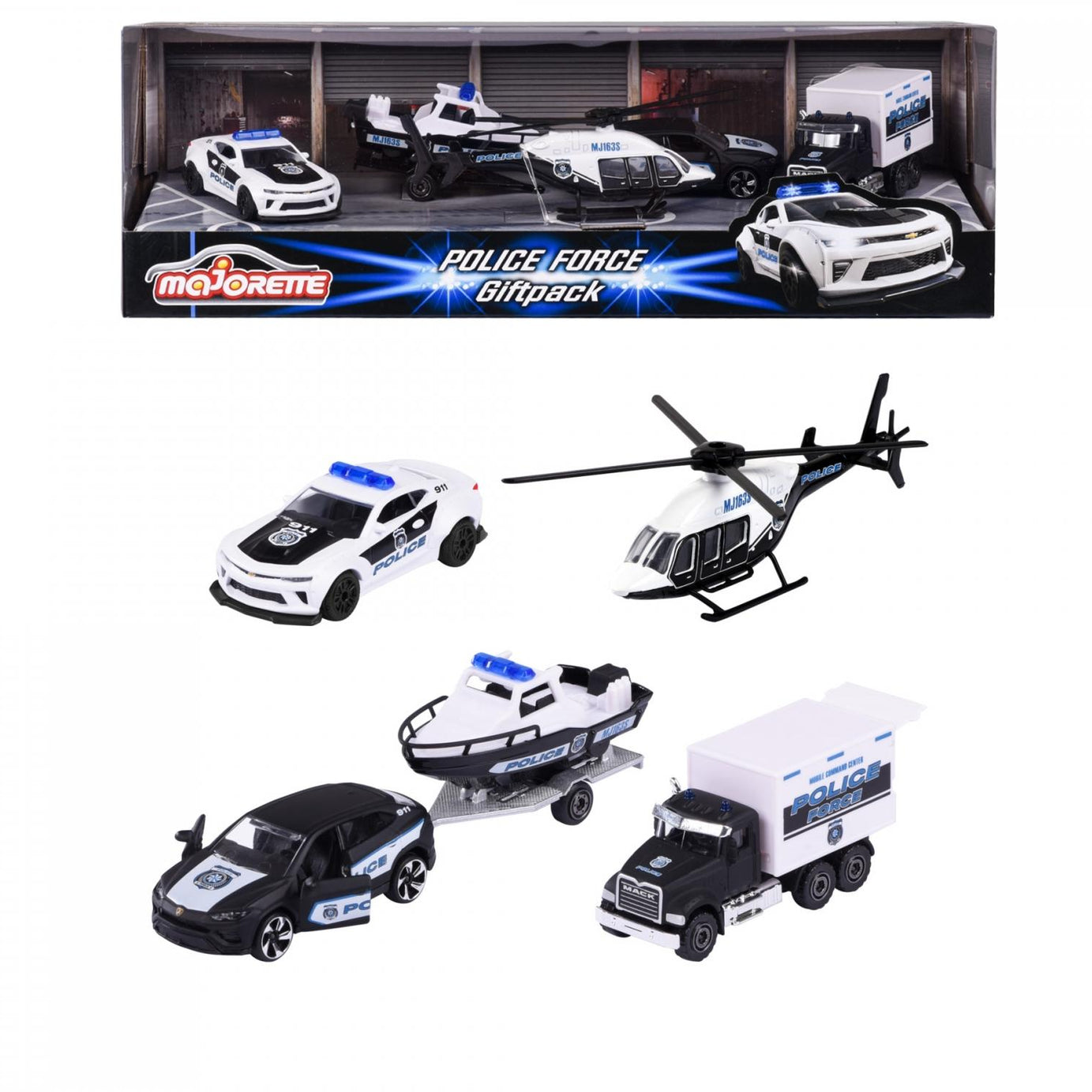 Majorette Police Force 4-Piece Die-Cast Vehicle Gift Set – Police Car, Truck, Helicopter & Boat Trailer – Realistic Emergency Vehicles for Kids 3+ Years