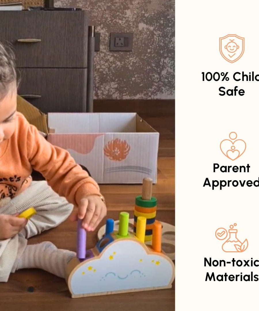 Curious Cub Wooden Pop-Up Pegs Toy, Montessori-Inspired Educational Toy for Ages 12 Months+ | Develops Fine Motor Skills, Hand-Eye Coordination, and Object Permanence - MINIMEE KIDS