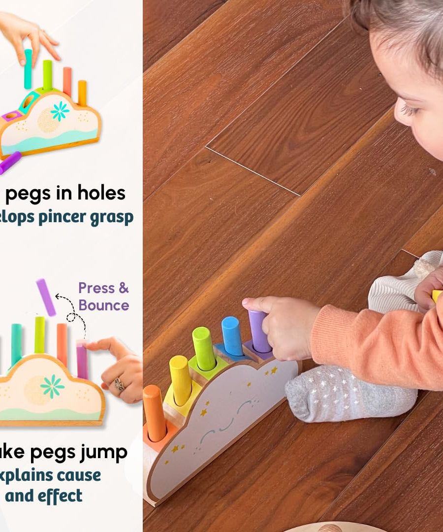 Curious Cub Wooden Pop-Up Pegs Toy, Montessori-Inspired Educational Toy for Ages 12 Months+ | Develops Fine Motor Skills, Hand-Eye Coordination, and Object Permanence - MINIMEE KIDS