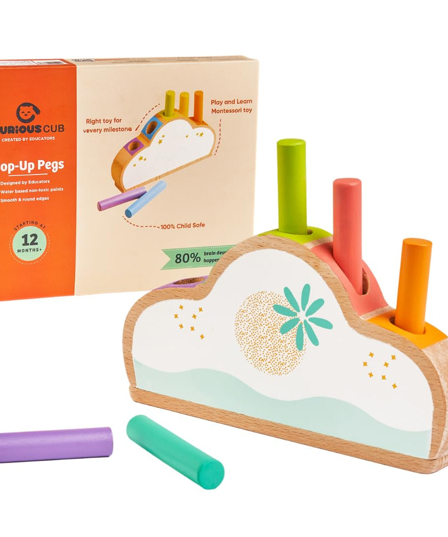 Curious Cub Wooden Pop-Up Pegs Toy, Montessori-Inspired Educational Toy for Ages 12 Months+ | Develops Fine Motor Skills, Hand-Eye Coordination, and Object Permanence - MINIMEE KIDS
