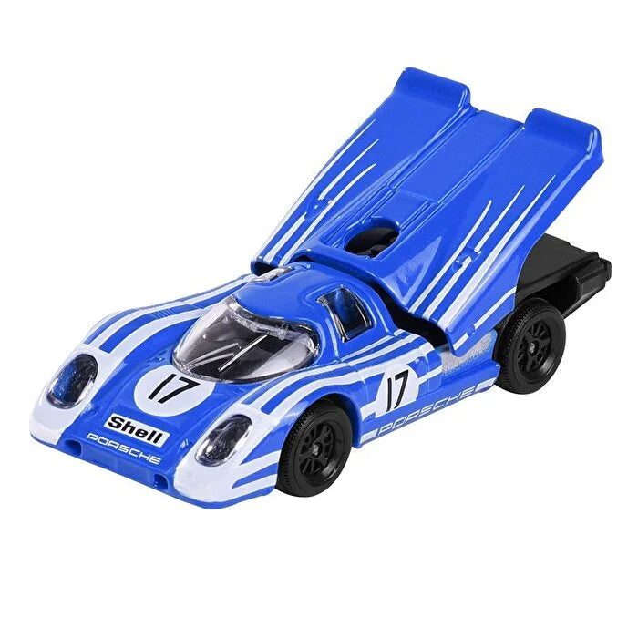 Majorette Porsche 917 Die-Cast Car - Porsche Edition 1:64 Scale | Blue & White Racing Livery | Opening Engine Cover | Collector’s Card Included