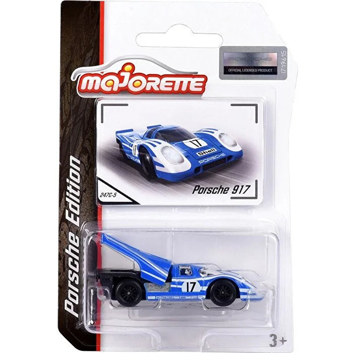 Majorette Porsche 917 Die-Cast Car - Porsche Edition 1:64 Scale | Blue & White Racing Livery | Opening Engine Cover | Collector’s Card Included