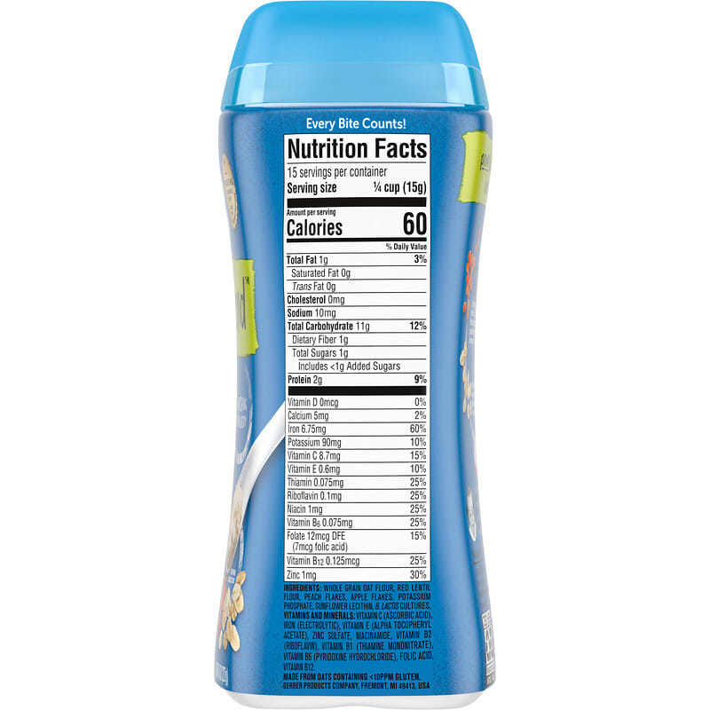 Gerber Oatmeal Lentil Peach & Apple Cereal - 227g | Supports Healthy Digestion with Probiotic B. lactis, 60% DV Iron for Learning-Ability, Non-GMO for Sitter Babies 2nd Foods (6+ Months)
