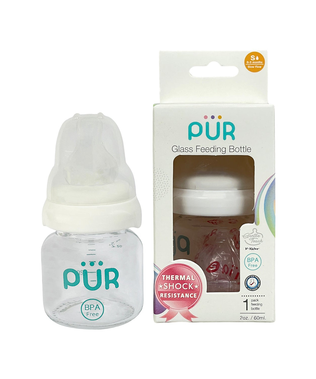 PUR glass feeding bottle with packaging on a white background
