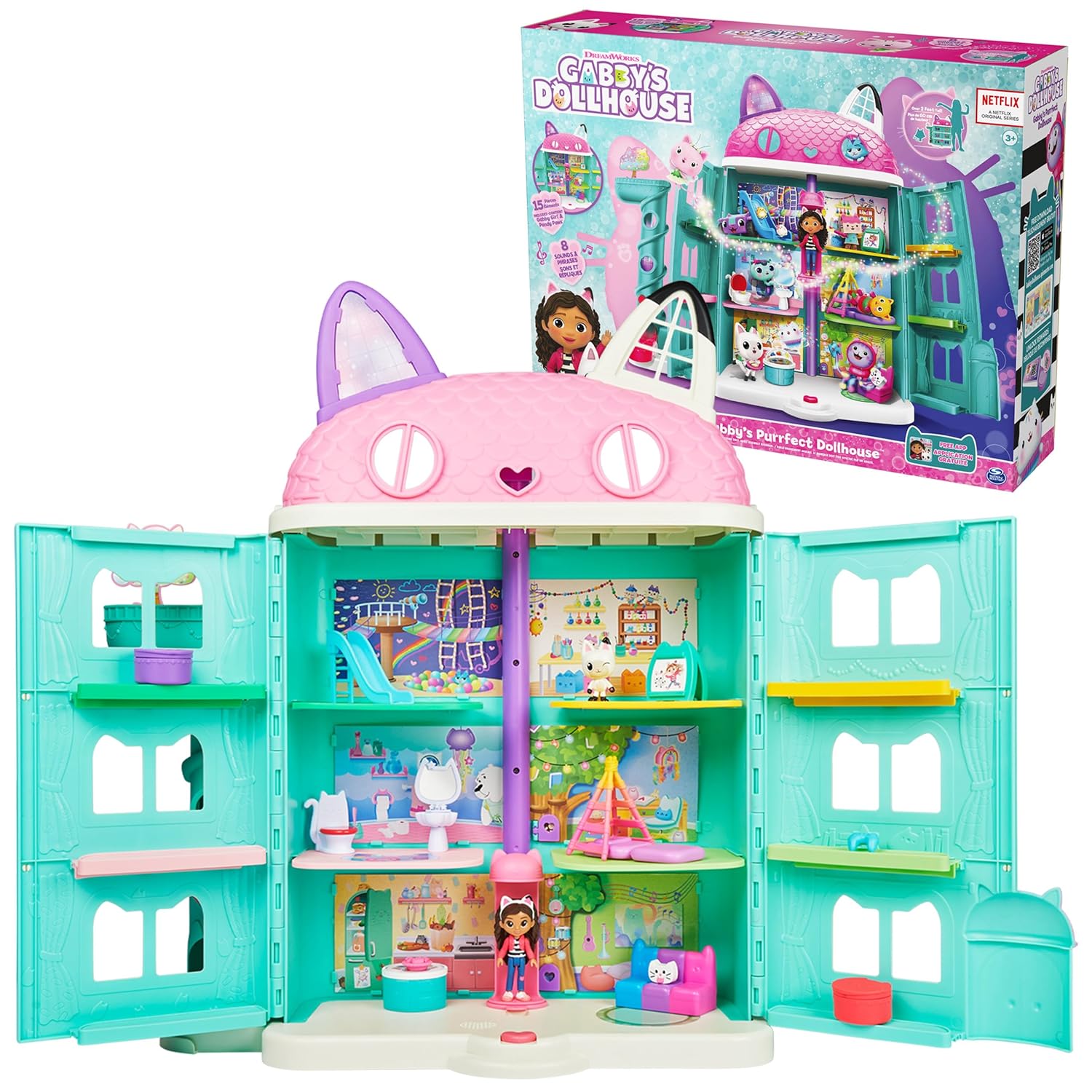 Gabby’s Dollhouse Purrfect Dollhouse – 2-Foot Tall Playhouse with Lights, Sounds, and Accessories for Ages 3+